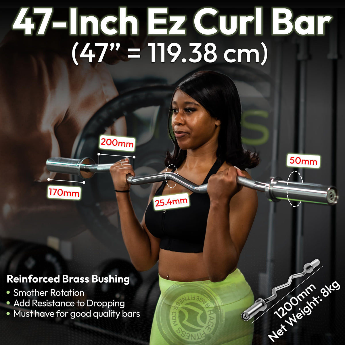 Rage Fitness EZ Curl Bar – 47 Inch, 2 inch | 17lbs Alloy Steel with Chrome Finish & Nylon Bushings EZ Bar with 400lbs Max Capacity – Home Gym Curling Bars for Weightlifting & Other Upper & Lower Body Movements