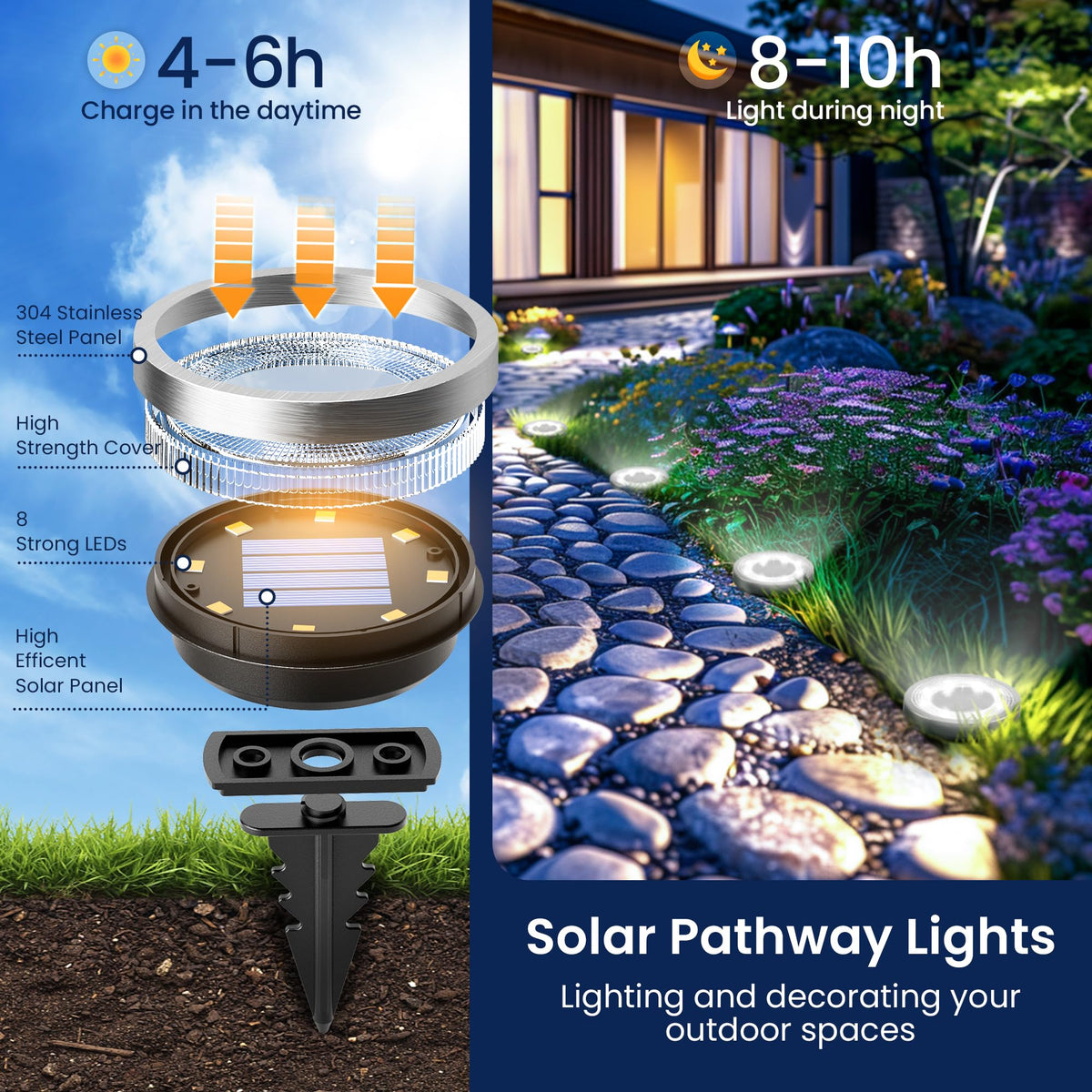 SOLPEX 10 Pack Solar Ground Lights Outdoor Waterproof, Solar Powered Pathway Lights, Landscape Lighting for Garden Walkway Driveway Backyard Decor (Cool White)