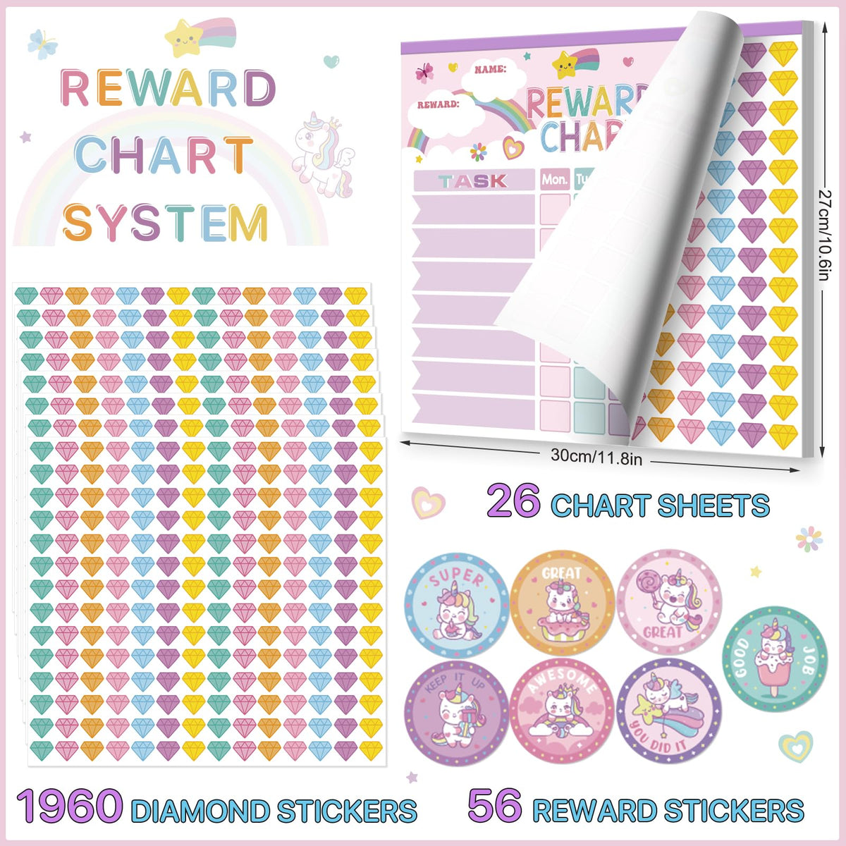Reward Chart for Kids,Magnetic Behavior Chore Chart for Kids at Home,26 Little Hose Chore Charts,1960 Diamond Stickers,56 Reward Stickers,Incentive Chart to Develop Responsibility and Good Habits,Pink