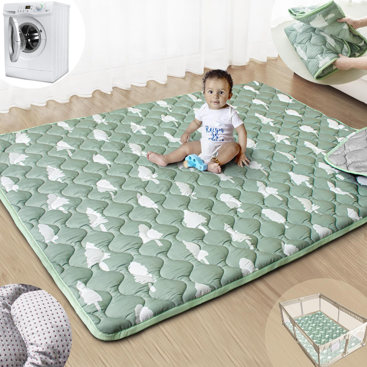 Beavtaens Baby Play Mats for Floor, 71”x59” Upgraded Thickness & Larger Super Soft Playmat for Babies and Toddlers, Foldable Washable, Upgrade Anti-Slip Crawling Mat for Playpen(Trees)