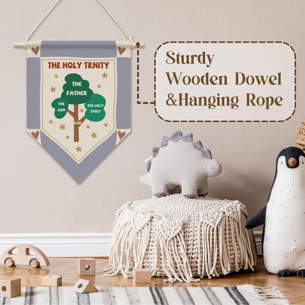 RUKUPA Christian Tree Nursery Wall Art Decor, Kids Scripture Hanging Pennant Flag, the Holy Trinity Religious Wall Art Poster Hanger for Kids Room Classroom Sunday School Homeschool Decor, 11x15 Inch