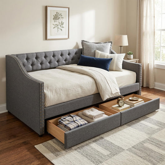 Christopher Knight Home Twin XL Daybed Frame with Two Drawers, Linen Fabric Upholstered Sofa Couch, 85’‘ Living Room Sleeper Sofa, Cozy Daybed for Bedroom, Diamond-Tufted Design, Rivet Armrests, Gray