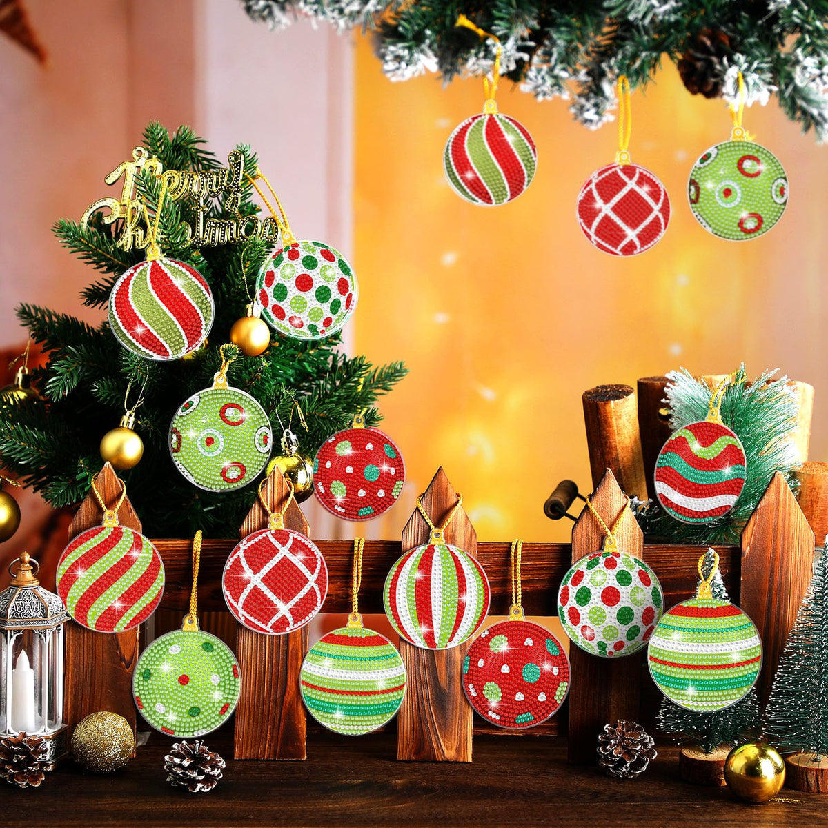 Realspring 20 Pieces Christmas Ball Diamond Art Ornaments Lime Green and Red Diamond Painting Tree Decorations 5D Hanging Xmas Diamonds Art DIY Christmas Kits for Adults Crafts Party Favors