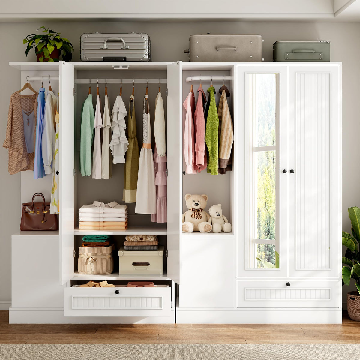 Feonase Armoire Wardrobe Closet with Mirror, Bedroom Armoires with 2 Doors, 1 Drawers and 3 Shelves, Large Clothing Storage Cabinet for Hanging Clothes, White