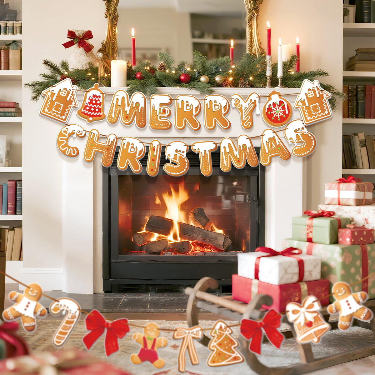 Merry Christmas Banner Gingerbread Christmas Hanging Decoration 3PCS Gingerbread Theme Garland Banner for Holiday Home Office Fireplace Wall Decor Outdoor Indoor Xmas Party Banner