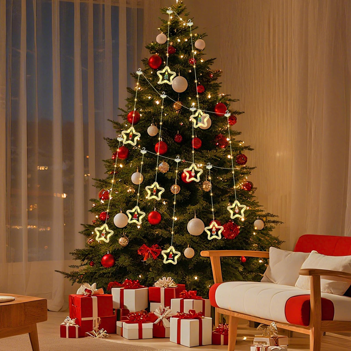 BomKra Christmas Star Curtain Lights, Christmas Window Lights Decor with Remote,8 Lighting Modes, IP65 Waterproof, 10 Hooks Christmas Decorations Indoor Outdoor for Bedroom Party Wall Door Window