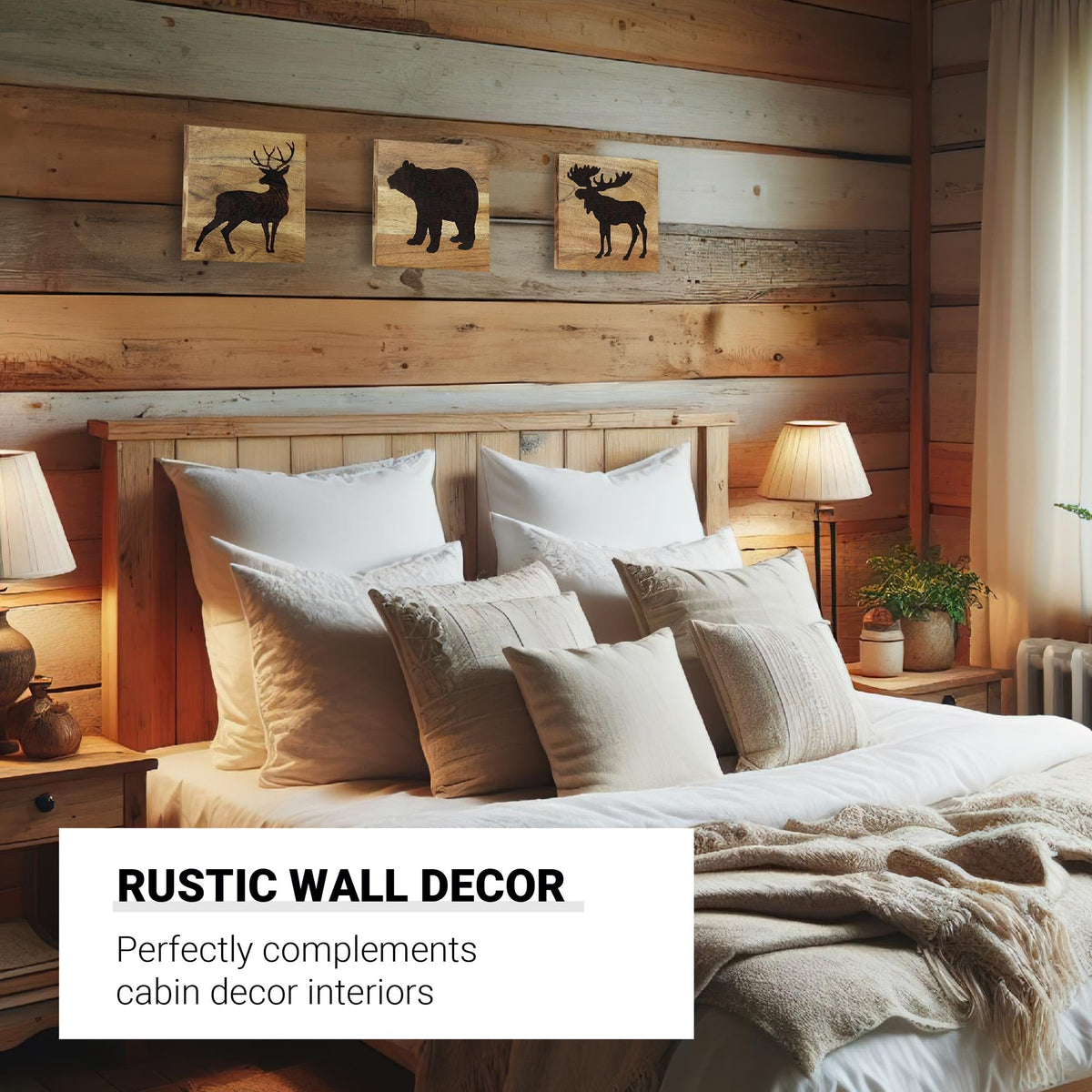 HomeRustique Real Wooden Cabin Decor with Bear, Deer and Moose (Set of 3) - Woodland Rustic Cabin Wall Decor & Art for Home, Living Room, Hunting Theme, Mountain Lodge or Bathroom