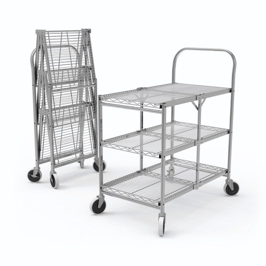 Luxor WSCC-3 Three-Shelf Collapsible Wire Utility Cart, Push Heavy Duty, 4" Thermoplastic Rubber Casters Two with Locking Brakes,Holds 300 lbs. and Folds Up for Storage, 37"W x 18.25"D x 30.5"H