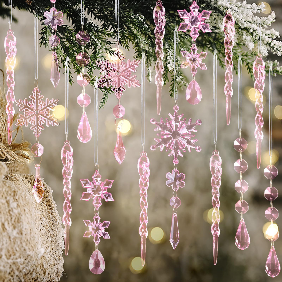 18pcs Crystal Christmas Ornaments for Christmas Tree Decorations-Pink Hanging Acrylic Snowflake and Icicle Ornaments with Drop Pendants for New Year Party Decorations Supplies