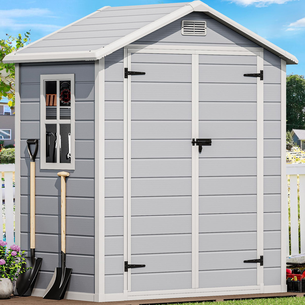 DWVO 6x4 FT Outdoor Resin Storage Shed with Reinforced Floor, All-Weather Bike Storage Shed with Lockable Door, Window and Vent, Waterproof Plastic Tool Storage for Garden, Backyard, Patio, Lawn