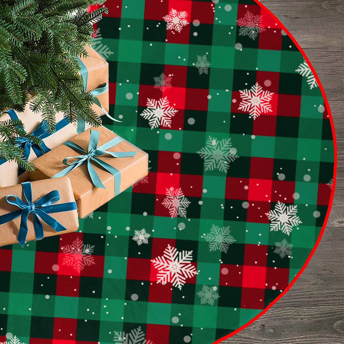 Christmas Tree Skirt Buffalo Plaid Tree Skirt Snowflake Thick Xmas Tree Skirt for Holiday Party Christmas Tree Decorations Indoor Outdoor Red and Green 48 Inch