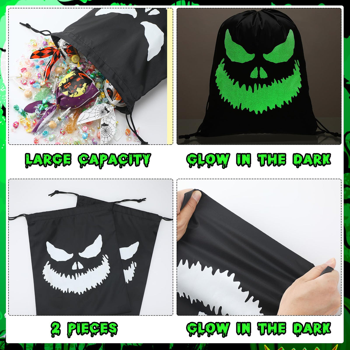 Kingdder 2 Pcs Halloween Glow in The Dark Ghost Bag 16.5 x 13.4 Inch Treat Bags with Drawstrings Cloth Candy Sack Luminous Reusable Tote Bags for Halloween Party Favors Supplies Gift (Fierce)