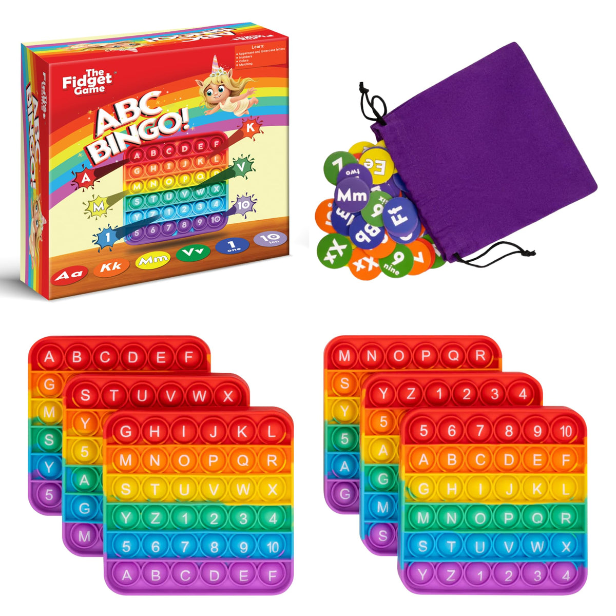 The Fidget Game ABC Bingo, Games for Kids - Six Educational Alphabet Bingo Popping Mats for Preschool, Toddlers, Kindergarten - Learning Activities for 2-6 Players 3+ Years