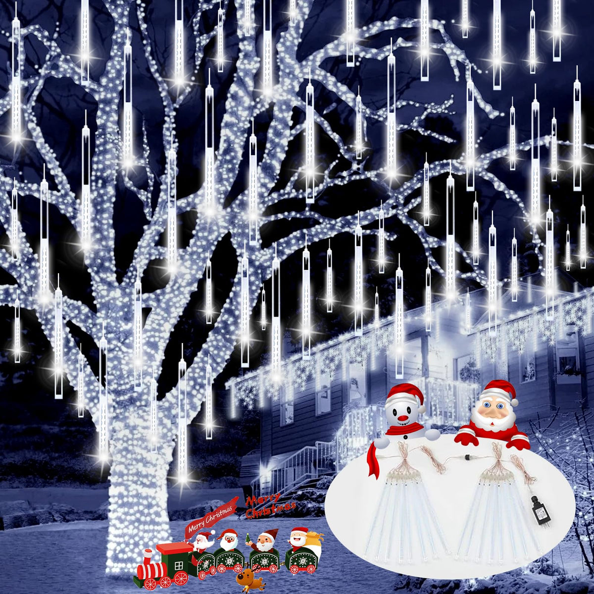 2 Pack Christmas Lights Outdoor, Expandable Meteor Shower Lights with Timer, Waterproof Falling Rain Light with 16 Tubes 384 LED Plug in, Suitable for Garden House Xmas Tree Decorations (Cool White)