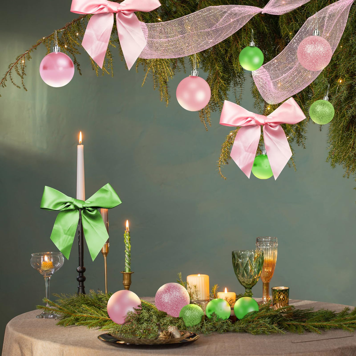 Cinrobiye Christmas Tree Decoration Set Including 48 Christmas Ornaments Balls,12 Bows,Tree Topper,Tree Skirt,Mesh Ribbon for Xmas Trees Holiday Party Garland Indoor DIY (Pink&Green)