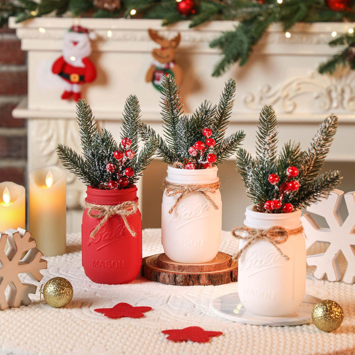 Christmas Mason Jars, Christmas Centerpieces for Tables, Wood Tray & 3 Painted Decorative Jars, Xmas Table Centerpieces Decoration, Farmhouse Dining Table Kitchen Decorations Home Decor