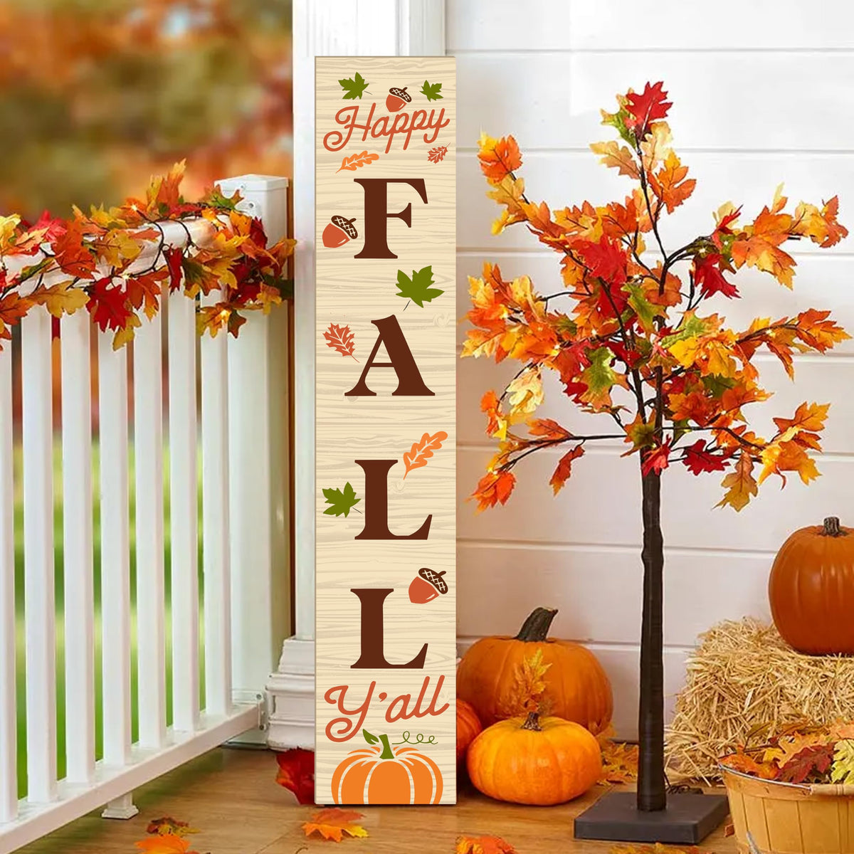 Happy Fall Sign Autumn Front Door Hanging Decor Welcome Sign Wooden Vertical Indoor Outdoor Standing Sign For Garden Home Yard Farmhouse Porch 47.2 x 7.8 Inch
