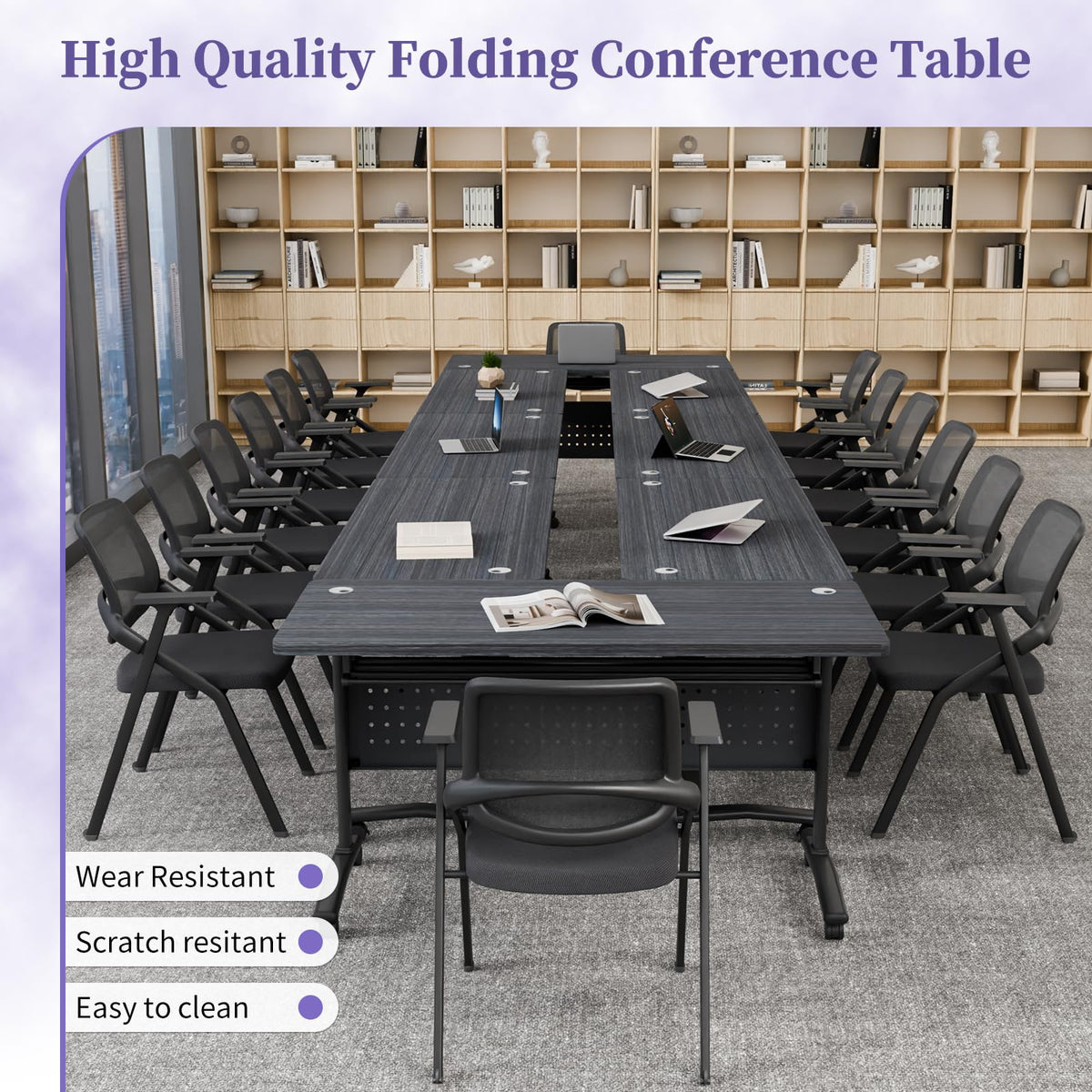 JNMDLAKO Folding Conference Room Table for 6-12 Person, Modular Mobile Large Flip-Top Training Table with Locking Wheels, Modern Rectangular Seminar Meeting Tables for Office (6, Black, 61in)