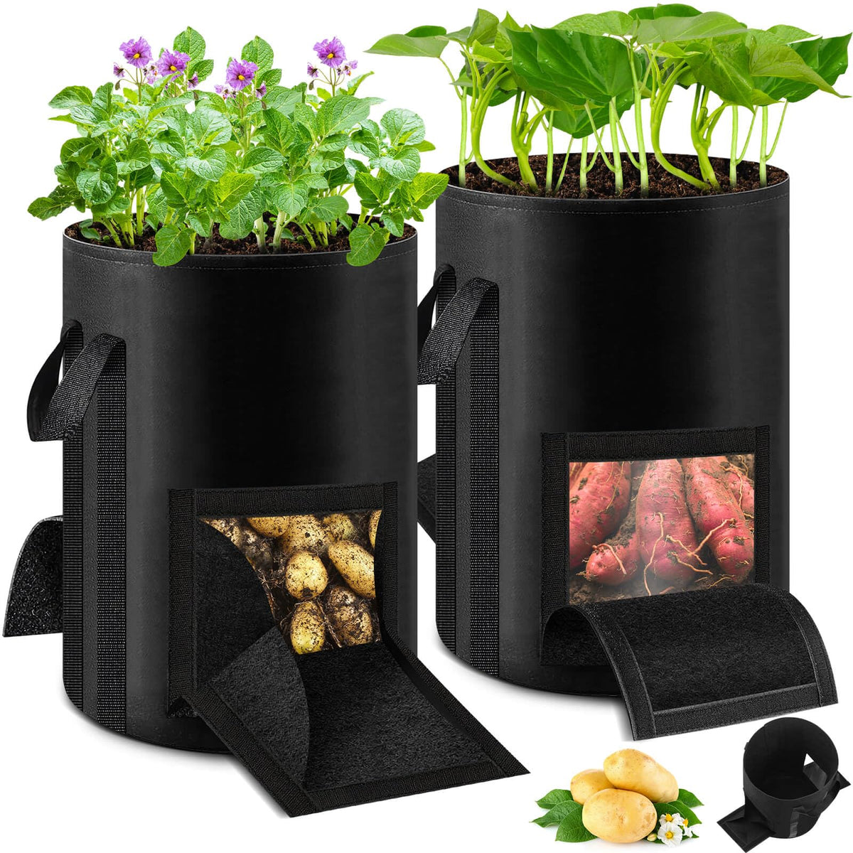 Lezmarket 2 Pack 10 Gallon Potato Grow Bags, Nonwoven Fabric Garden Planters with Reinforced Handle, Large Pots for Potato, Vegetable and Outdoor Plants