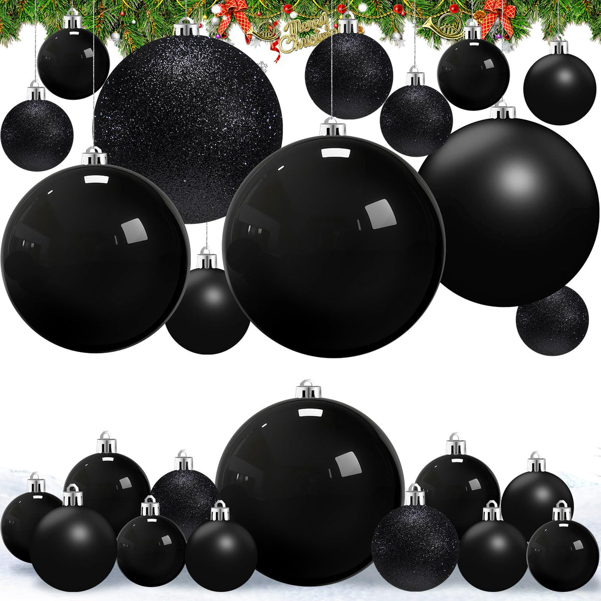 Marsui 24 Pcs Giant Christmas Balls Ornaments Extra Large Outdoor Black Christmas Ornament 8'' 6'' 3'' 2'' Large Xmas Balls Bulk Plastic Shatterproof for Xmas Tree Lawn Yard Porch (Frosted and Shiny)