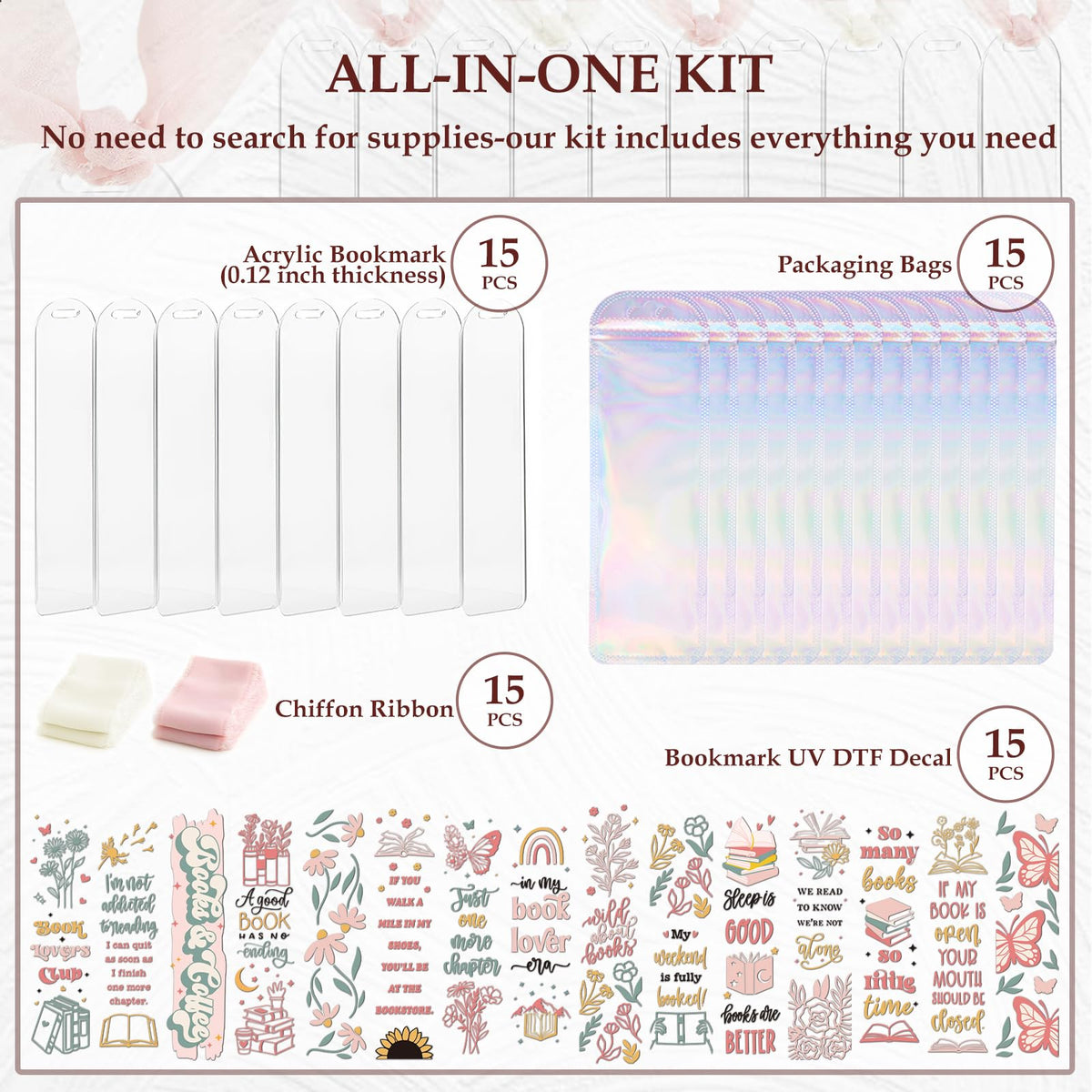 Dazoratix Floral Acrylic Bookmark Blanks - 60 Pcs Cute Flower Bookmarks Making Kit Bulk Aesthetic UV DTF Transfer Stickers Reading Book Lover Bookish Reader Women Girl Kid Student Teacher School Gifts