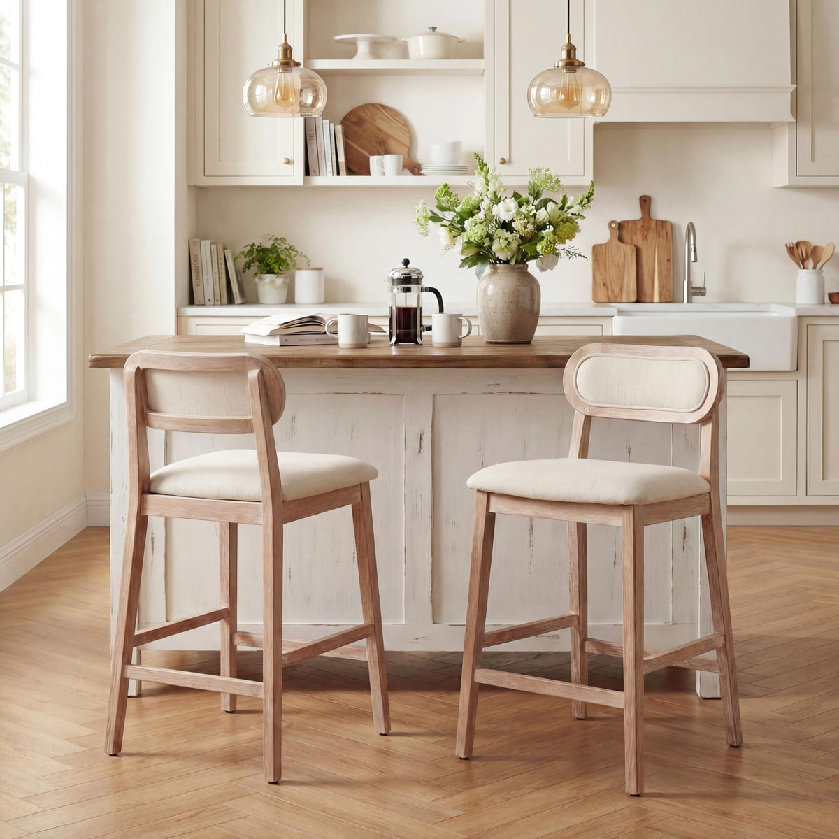 Christopher Knight Home Kaylin Modern Counter Height Bar Stools Set of 2, Upholstered Bar Stool for Kitchen Island, Rubberwood Dining Room Chair, Counter Stool with Footrest, Natural+Beige