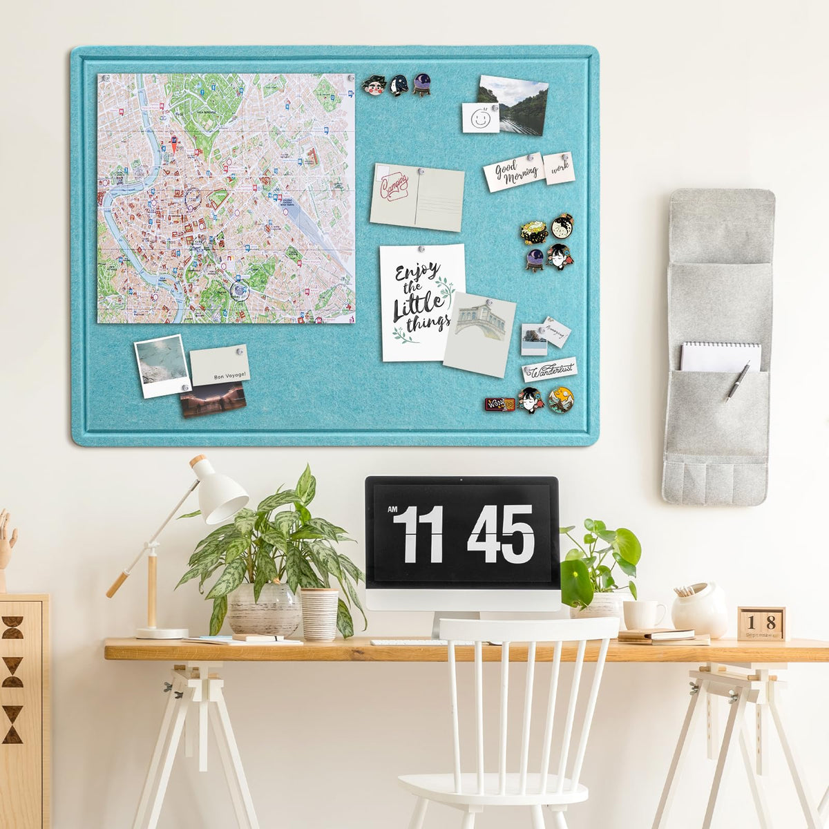 Large Bulletin Board - 48 x 36 Inches, Decorative Felt Pin Board for Wall - 4' x 3' Foldable Photo Display Board with Self-Adhesive Tape, Includes 20 Push Pins - Turquoise Blue