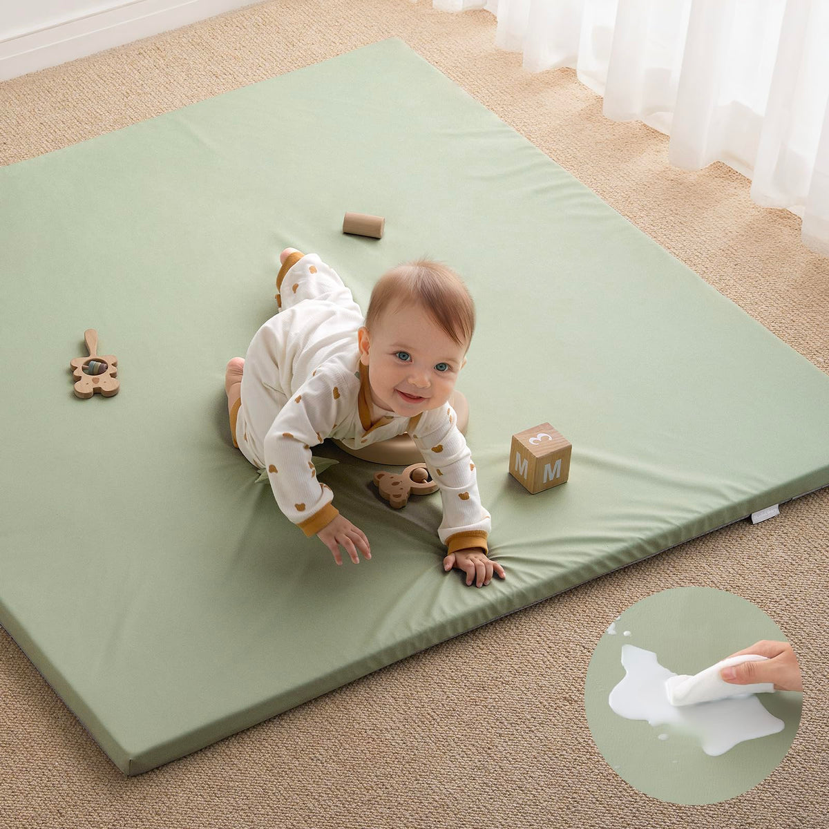 Blissful Diary Vegan Leather Baby Play Mat, 50x50 Thicken Foam Cushioned & Waterproof Playpen Mat for Infants and Toddlers, Stylish and Just Wipe-Clean Playmat for Baby Play on Floor, Light Green