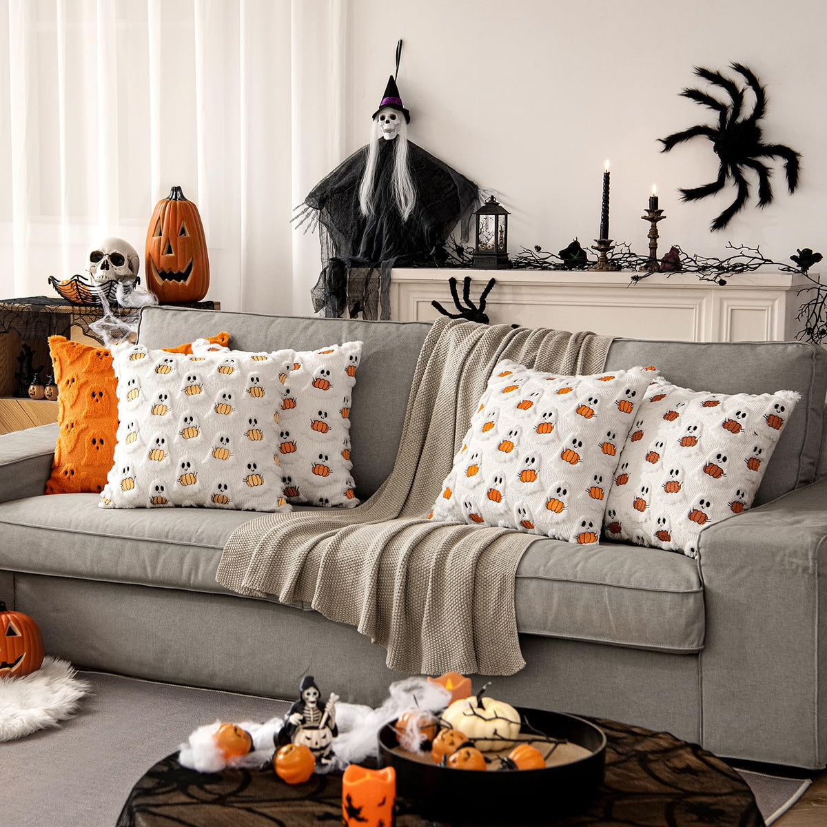 MIULEE Halloween Pillow Covers Decorative Fall Cute Ghost Plush Faux Fur Pillows 20x20 Inch Set of 2 Soft Pumpkin Accents for Sofa Couch Bed Living Room Festive Home Decor, White Rust