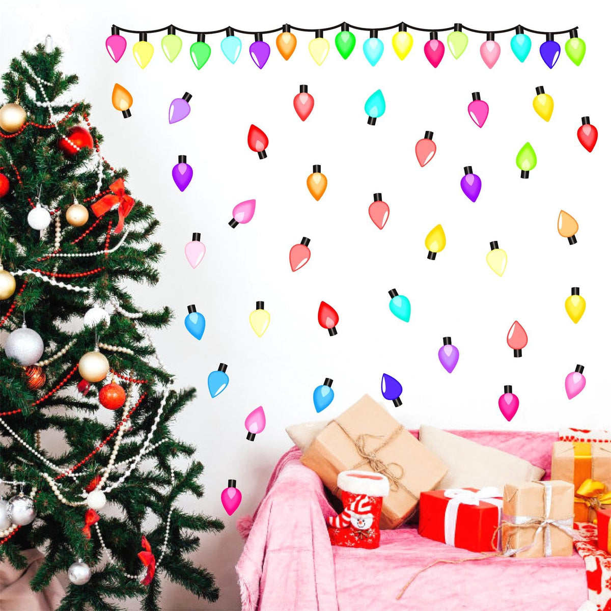 Christmas Light Window Decals Clings Double Sided Colorful Lights Wall Stickers Merry Christmas Window Wall Stickers Holiday Xmas Bright Windows Decals Holiday Light Bulb Windows Decorations