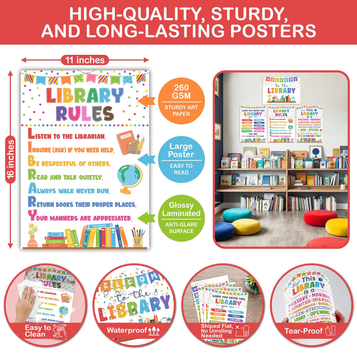 Lalunia 4 Pcs Library Rules Poster (11"x16") - Classroom Library Decorations for Librarian, Media Room, Back to School Educational Posters, Library Bulletin Board Sets, Reading Corner Decor