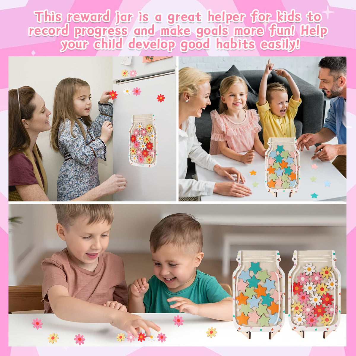 2 Pack Magnetic Reward Jar for Kids, Good Behavior Rewards Jar for Classroom Home, Potty Training Rewards Home Training for Boys Girls, Star and Flower Jar Reward System, Christmas Kids Gift