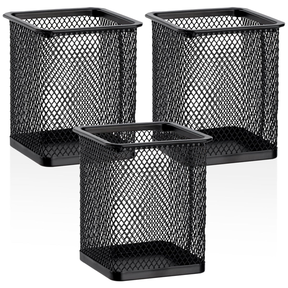Segarty Square Pen Holder, 3 Pack Black Pen Holder for Desk, Metal Mesh Pencil Cup Container Desktop Accessories Organizer for Office, School, Home, Makeup Brush
