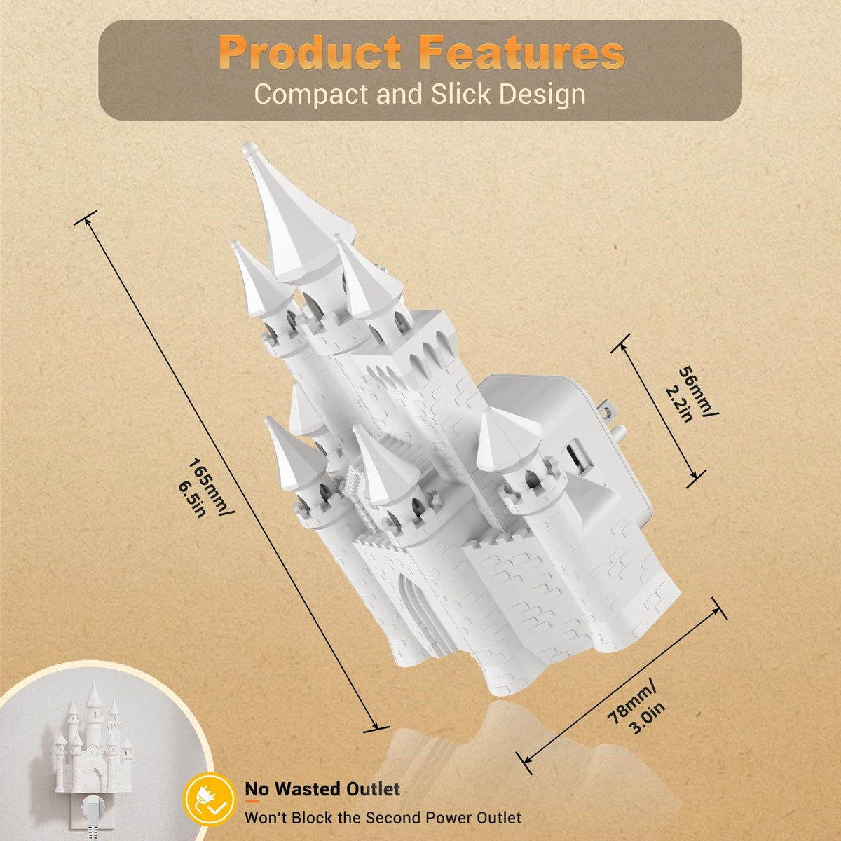 JandCase Night Lights Plug into Wall,2 Pack 3D Printed Castle Night Light,3000K Plug in Nightlight with Dusk to Dawn Sensor,0-100LM Adjustable Brightness for Rooms Bathroom Hallway