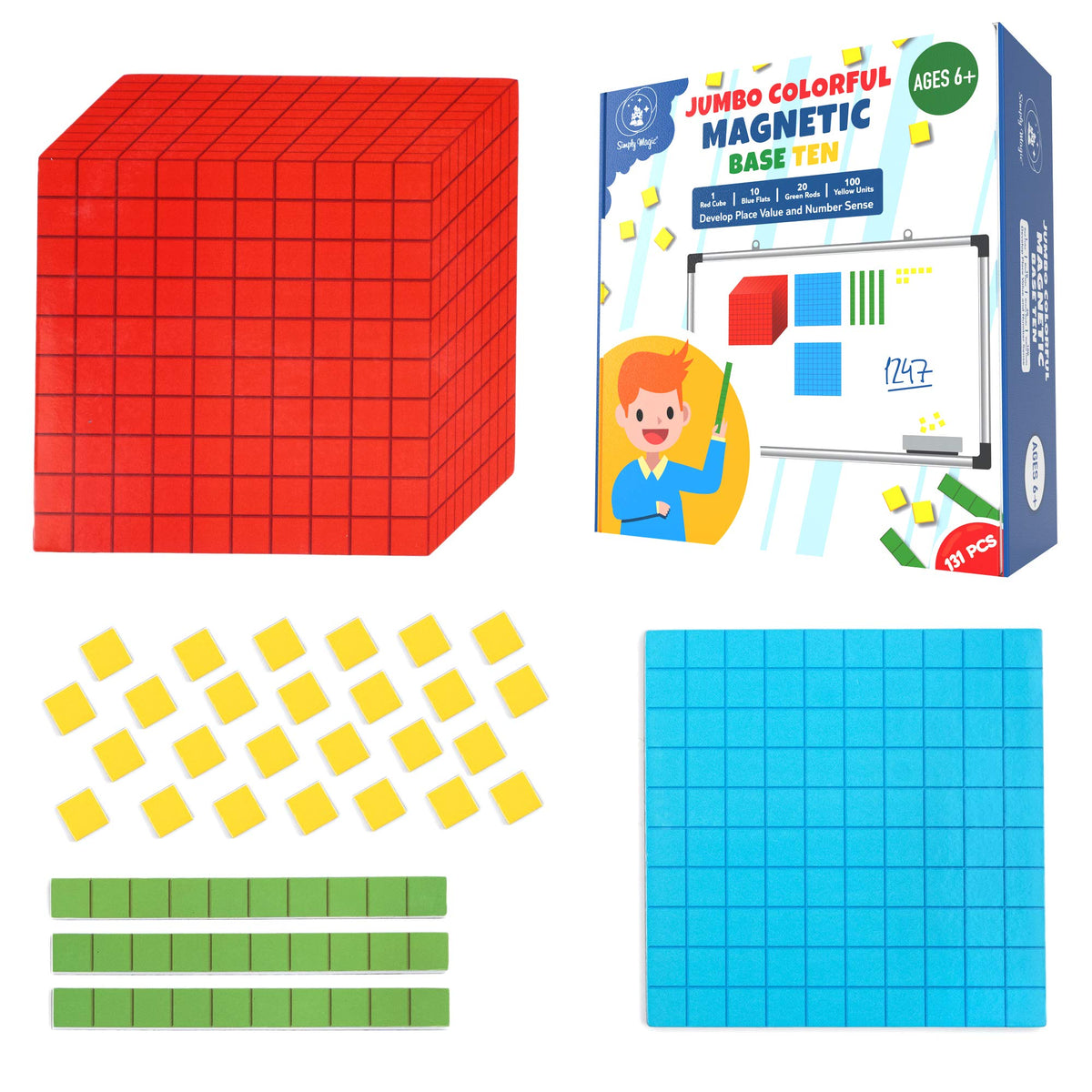 131 PCS Jumbo Magnetic Base Ten Blocks for Math - Place Value Blocks, Base 10 Math Manipulatives K-3, Number Blocks, Math Counters for Kids, Math Cubes, Counting Blocks, Kindergarten 1st 2nd 3rd Grade