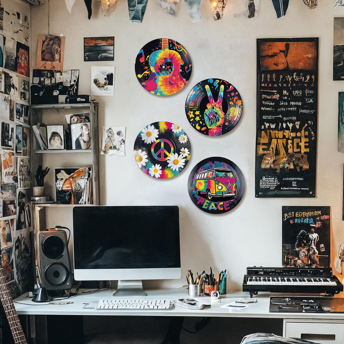 DOODLREAM 4PCS Graffiti Guitar Daisy Vinyl Record Wall Decor 12" Hippy Peace Sign Bus Wall Art Posters for Room Aesthetic, Retro Record Decorations for Music Party Studio Living Room DIY Craft Project