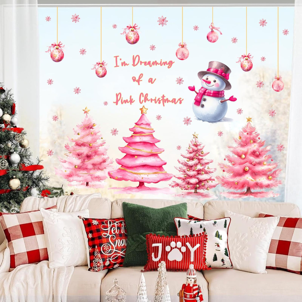 Pink Christmas Window Clings Double-Sided Christmas Tree Windows Decoration Stickers Indoor Xmas Pine Tree Window Decals for Glass Snowman Snowflakes Decals for Winter Holiday Party Supply