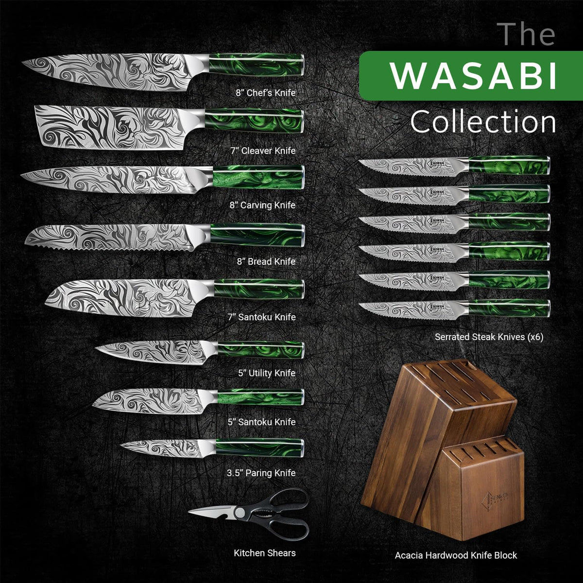SENKEN Engraved Japanese Kitchen Knife Set with Beautiful Green Resin Wood Handles - Wasabi Collection - Chef's Knife, Bread, Cleaver, Paring, & More (16-Piece Knife Block Set)