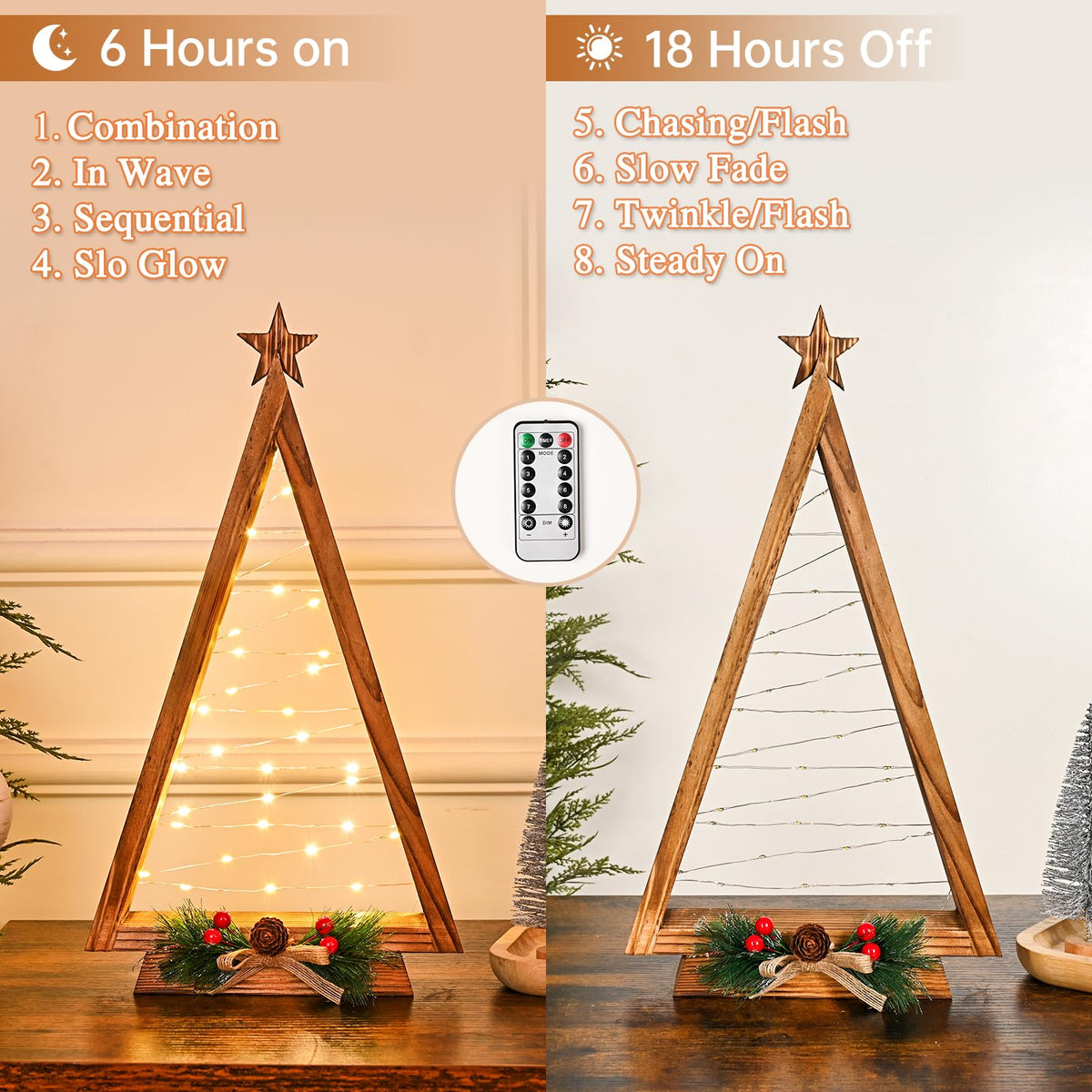 NatuBeau 2 Pcs Triangle Tabletop Wooden Christmas Tree with Lights, Modern Farmhouse Rustic Christmas Decor, Small Lighted Xmas Tree for Kitchen Mantle Shelf Living Room(14.2" Large / 11" Small)