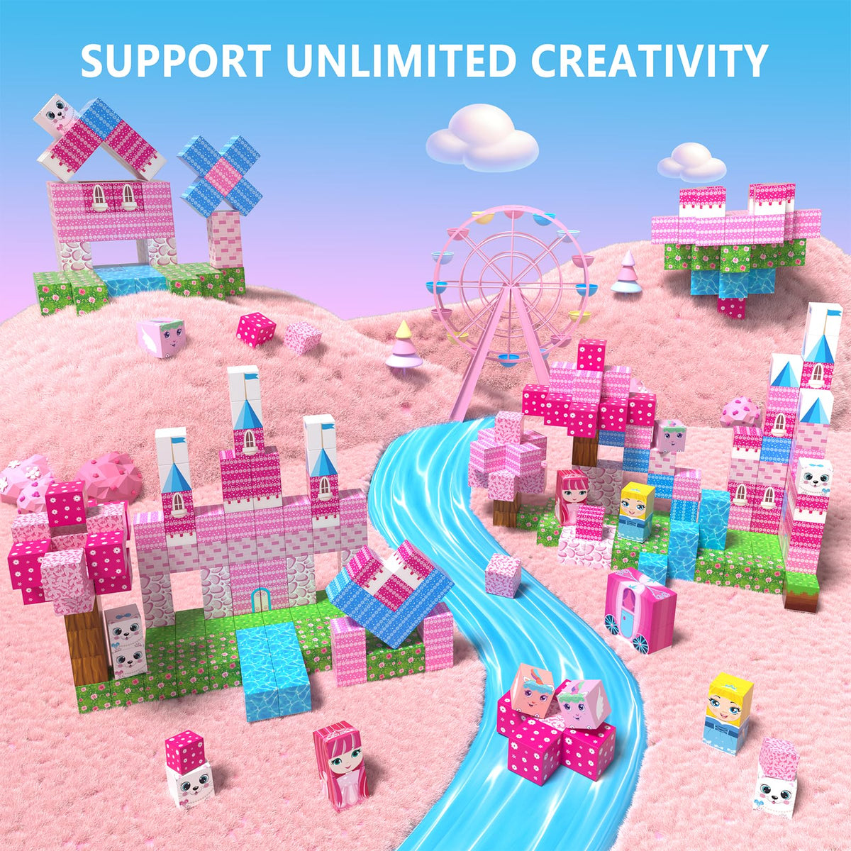 150PCS Magnetic Blocks, Magnet Building Cube Toy, Build 3D Pink Princess Castle Set for Girls, Montessori Sensory Toys for Kids, STEM Educational Toys, Christmas, Children's Day Gift for Boys & Girls