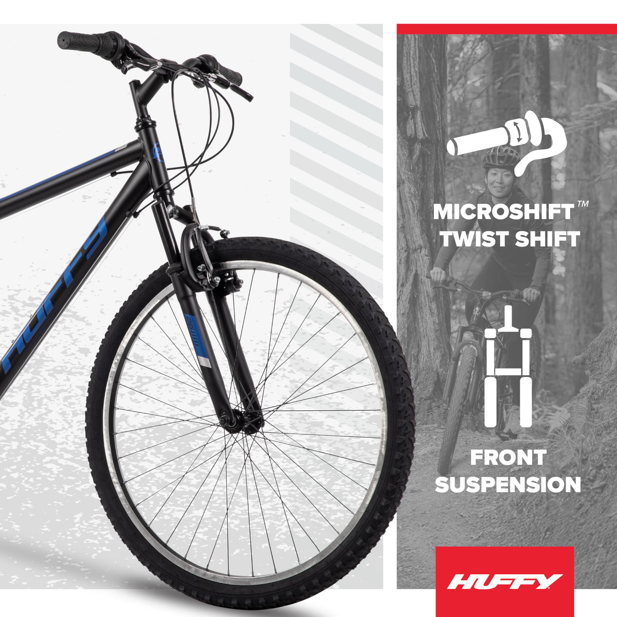 Huffy Stone Mountain Mens 26 Inch Mountain Bike, Matte Black Frame, 21-Speed Shimano Twist Shifting, Front Suspension, Comfort Saddle | 20"/24"/26" Sizes, 6-21 Speeds, Dual Suspension Available |