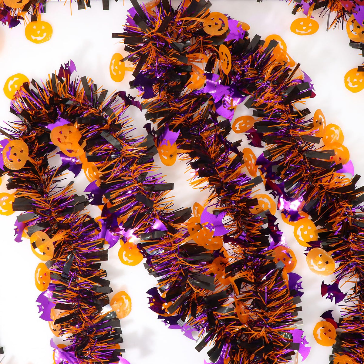 50 Ft Halloween Tinsel Garlands,Funny Pumpkin Purple Bats Shiny Metallic Twist Foil Tinsel Garland Hanging Holiday Decorations for Home Indoor Outdoor Festivities Party Decor
