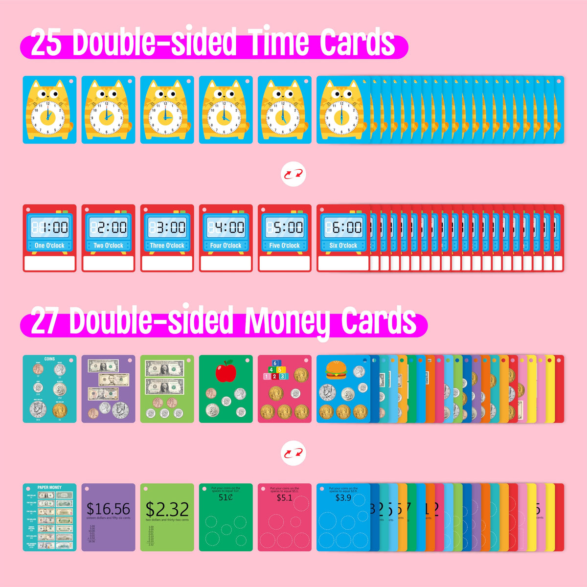 52 PCS Time & Money Flashcards, Double Sided Cognition Cards-Coin Value, Coin Combinations, Counting Coins, Telling Time, Reading Clocks, Learning Tool for Kids Ages 6+ Kindergarten Toddlers