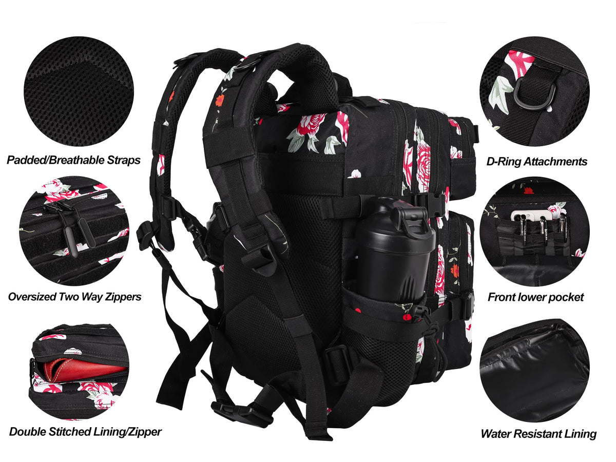 LHI Tactical Military Backpack for Men and Women 25L Army Assault Pack Bag Large Rucksack with Molle System-Flower