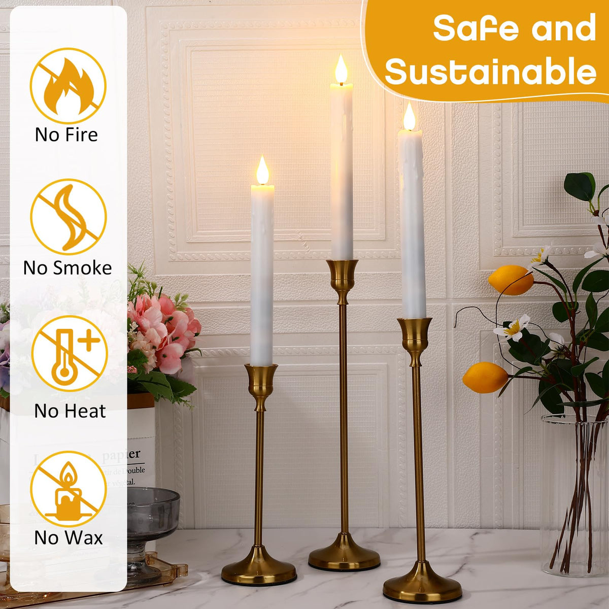 Baquler 50 Pcs 8.9 Inch White Flameless Taper Candles Dripless Battery Operated LED Flickering Candlesticks Window Candle with 3D Flickering Flame for Easter Home Wedding Church Decor