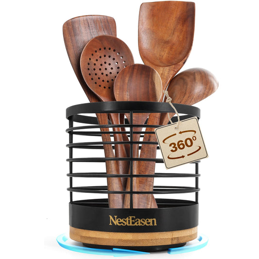 NestEasen Utensil Holder for Kitchen Counter - Rotating Utensil Holder for Countertop, Wooden Steel Spatula Holder Organizer, Large Decor Caddy for Kitchen Utensils and Cooking Spoon Container