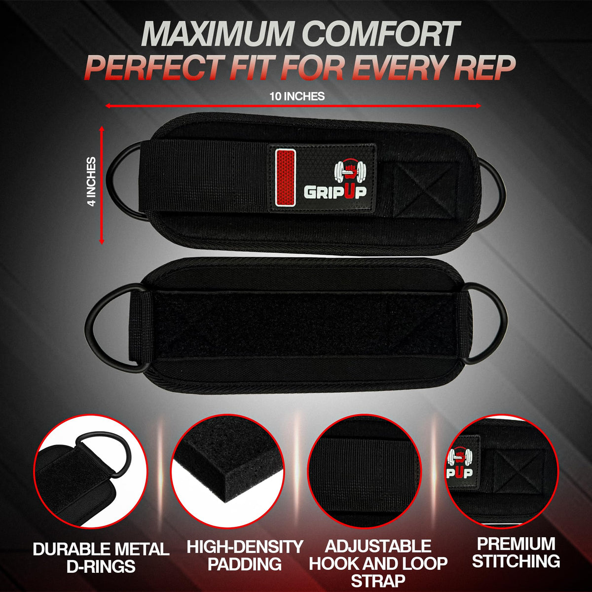 GripUp Adjustable Neoprene Ankle Straps for Cable Machines – Heavy Duty Ankle Cuffs for Leg Workouts, Kickbacks, Glute Training, Resistance Bands – Secure Fit for Women & Men (Pair, Black) (Black Single)