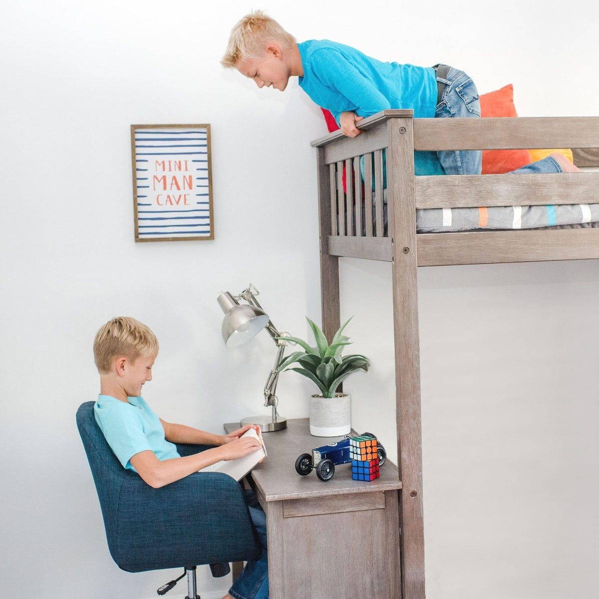 Max & Lily High Loft Bed, Twin Bed Frame for Kids With Bookcase and Desk, Clay