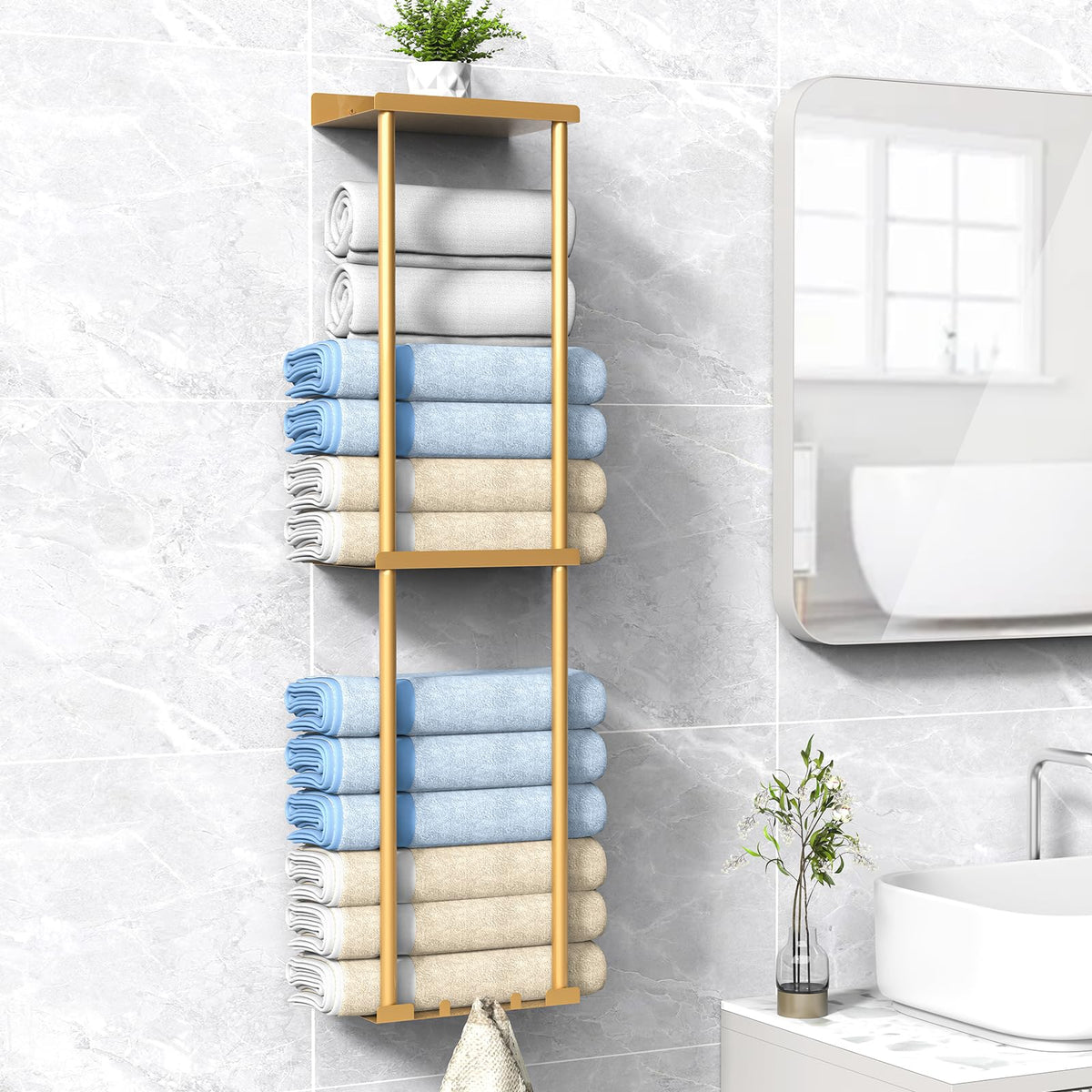 Liuoud Towel Rack for Bathroom, Wall Mounted Vertical Rolled Towel Storage Organizer Holder with Shelf, Holds Up 6 Large Bath Sheets, Gold