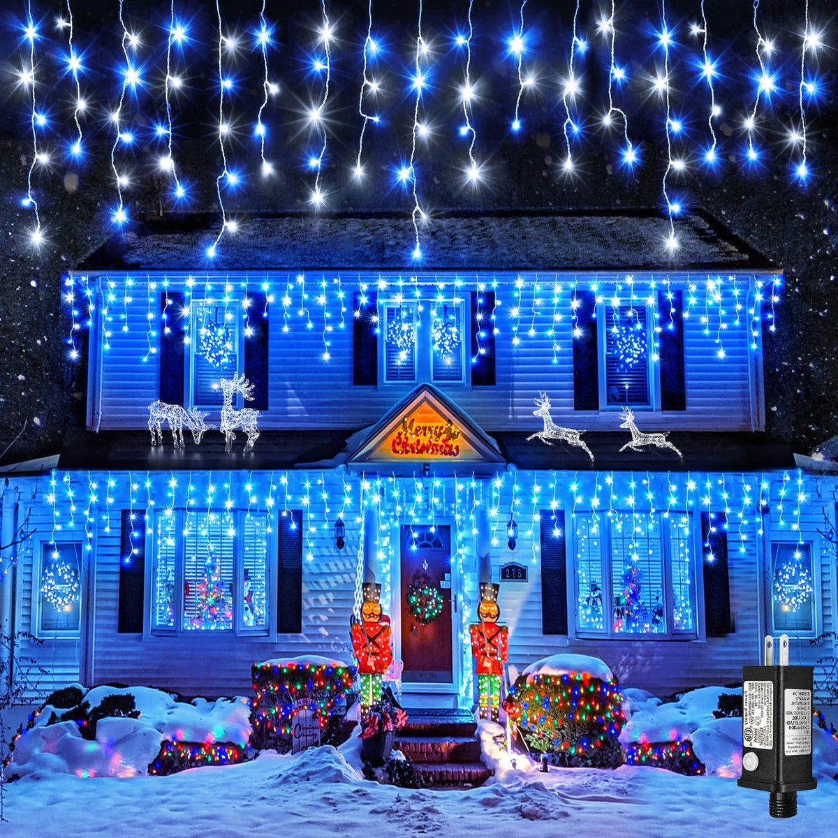 Icicle Christmas Lights Outdoor, 66ft 640 LED Blue and White Christmas Lights 8 Modes with 120 Drops, Waterproof Icicle Light Plug in for Indoor Outside Party Holiday Xmas Halloween Decorations